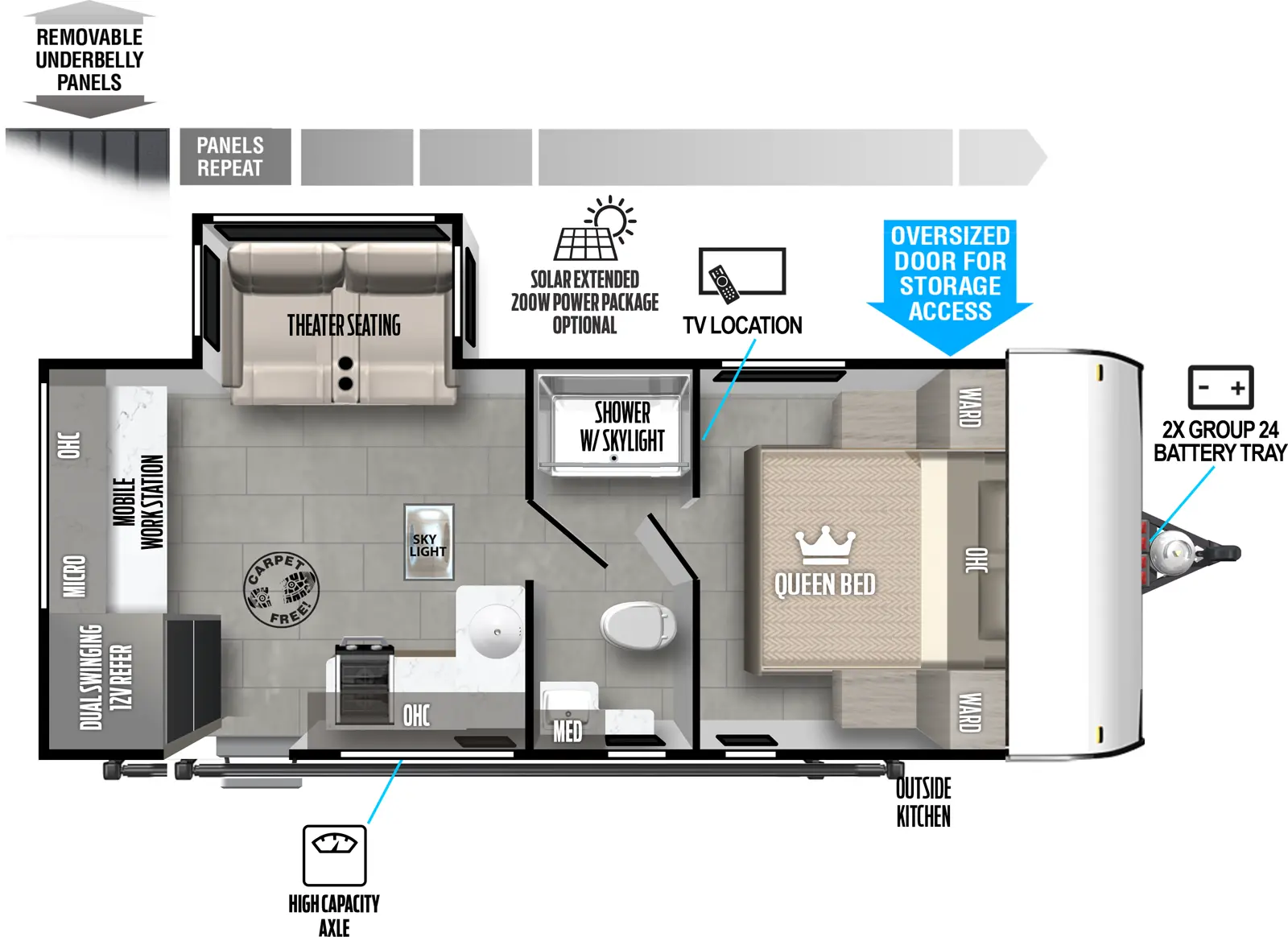 The 163RDSK has one slideout and one entry. Exterior features include removeable underbelly panels, optional solar extended 200W power package, exterior storage, front 2X group 24 battery tray, outside kitchen and high capacity axle. Interior layout front to back: carpet-free RV; queen bed with overhead cabinet, wardrobes on each side, and TV on the wall at the foot of the bed; pass through full bathroom with toilet, sink and medicine cabinet on door side, and shower with skylight on off-door side; off-door side theater seating slideout; skylight, kitchen counter with sink wraps along inner wall to door side with cooktop and overhead cabinets, and entry door; rear dual swinging 12V refrigerator, microwave, overhead cabinet, and mobile work station.